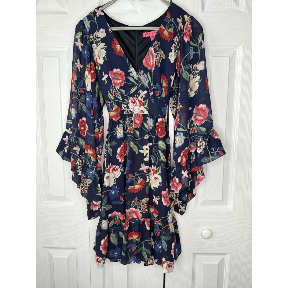 Betsey Johnson Blue Colorful Floral Sun Dress Sz 6 Knee Length Tie Waist Easter